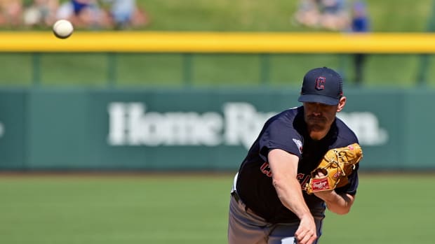 Feb 27, 2023; Mesa, Arizona, USA; Cleveland Guardians starting pitcher Shane Bieber (57) throws in the first inning against the Chicago Cubs during a spring training game at Sloan Park. Mandatory Credit: Matt Kartozian-USA TODAY Sports